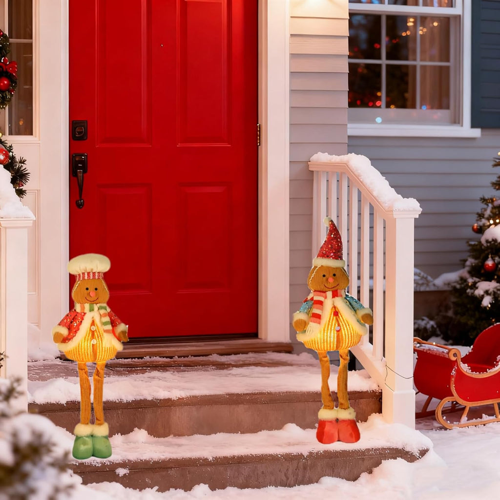 Skiennix 2-Piece Gingerbread Christmas Decorations Set - 29" Lighted Indoor Gingerbread Man Figurines | Pastel Candy Cane Decor for Kids' Christmas Village Display