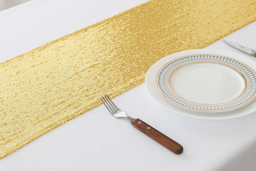 10 Pack Sequin Gold Table Runners 12 x 108 Inches Glitter Golden Table Runner for Party Wedding Birthday Engagement Banquet Meeting Anniversary Christmas Dining Room Decoration