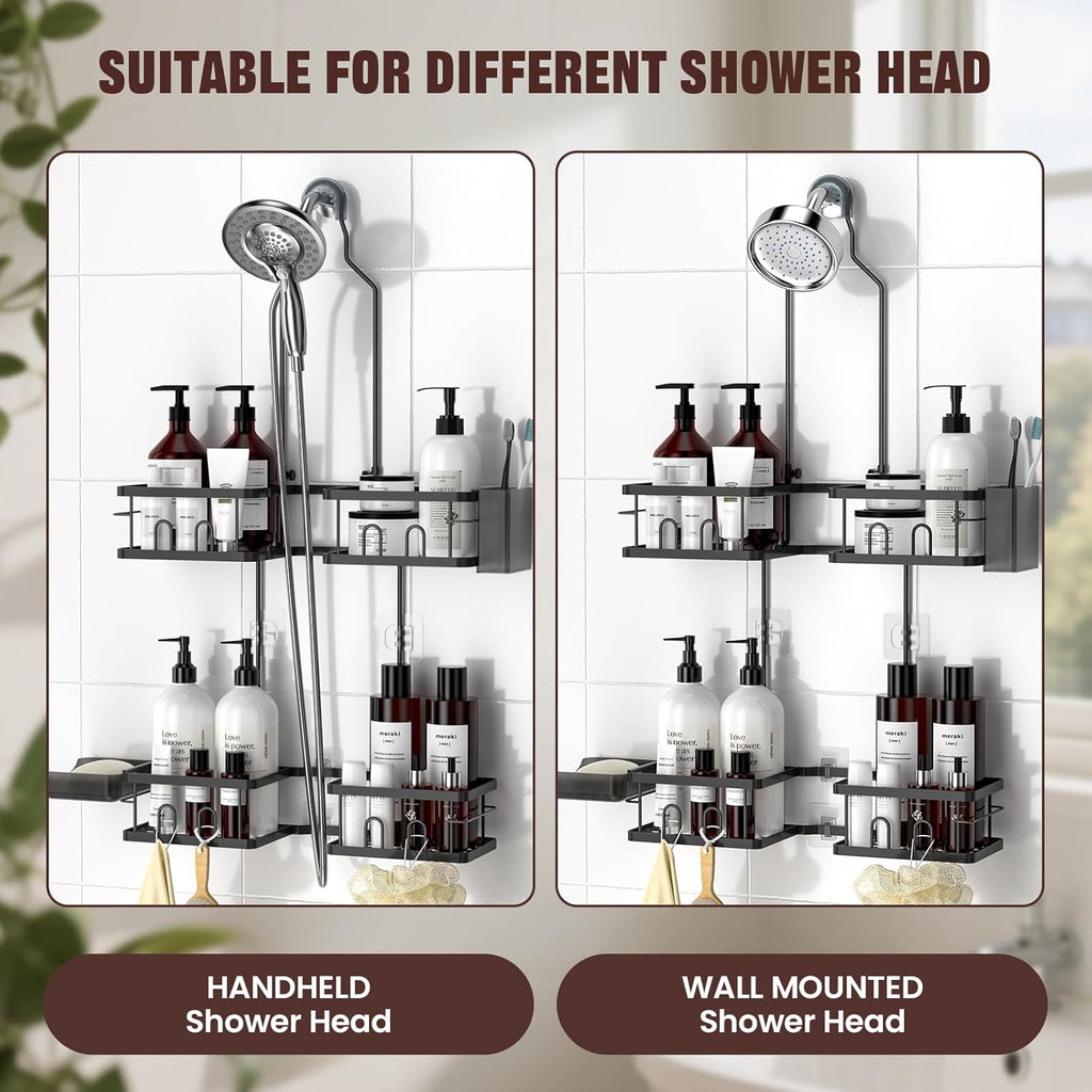 Reinhardt Adjustable Shower Caddy - Rustproof Organizer for Handheld Showerheads | Black with Hooks & Soap Holder