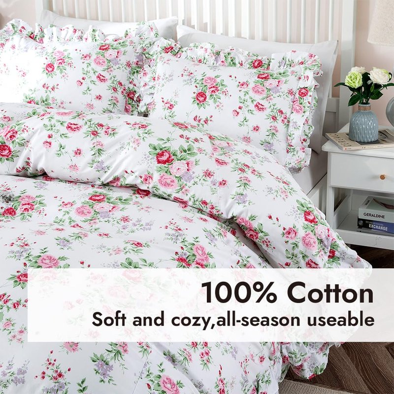 ZJZC Art Ruffle Duvet Cover Set Queen, 100% Cotton Pink Rose Floral Duvet Cover Cottage French Countryside Vintage Shabby and Chic 3 Pieces with Pillow Shams (Rose,Full)