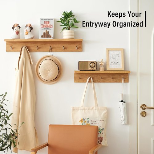 Rsuwiz Wall Hooks with Shelf Oak Wood Coat Rack Shelf Wall Mounted, Entryway Shelves with 6 Metal Hangers for Clothes Hats Towel for Bathroom, Bedroom, Living Room (Natural, 27.5 inches)