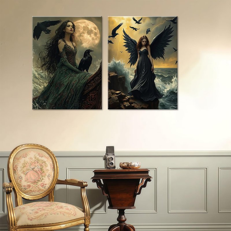 ouiytws Mystic Gothical Wall Art - Dark Fantasy Raven Witch and Black Winged Angel Artwork, Ocean and Moon Theme Canvas Print, Gothic Decor for Bedroom and Living Room, 2 Panels (16"x24" Each)