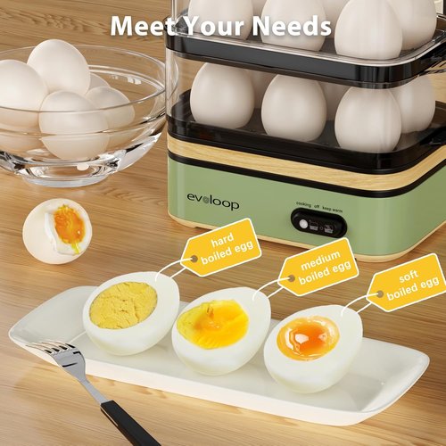 Evoloop Electric Egg Cooker - Rapid 12 Egg Capacity for Soft, Medium, Hard Boiled & Poached Eggs | BPA Free Green Tray