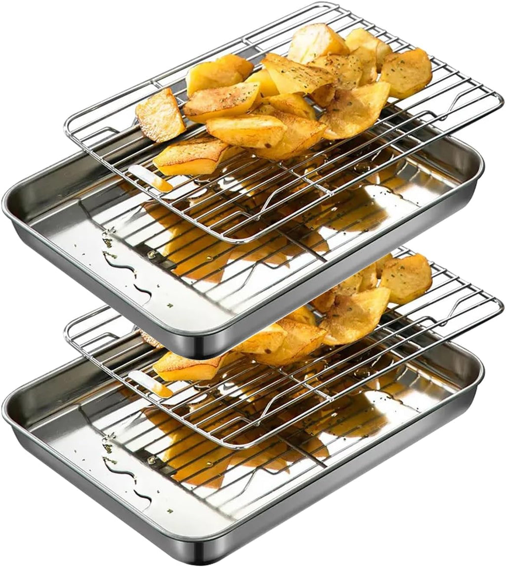 Skiennix Extra Small Serving Trays Set - Stainless Steel 304 Baking Sheet Pans with Cooling Racks | 9.3 x 6.9 Inch, Dishwasher Safe for 1-2 People