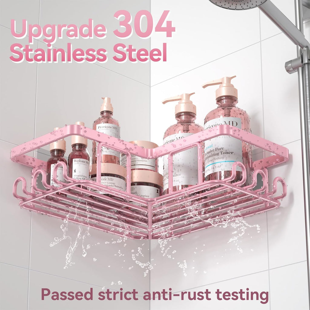 YASONIC Corner Shower Caddy - Rustproof Stainless Steel Organizer with Soap Holder & 12 Hooks | Pink, 3-Pack