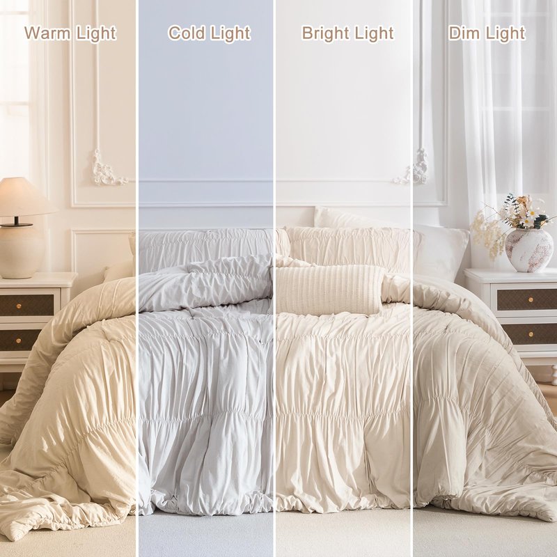 Masaca Queen Comforter Set,Ruched Ruffle Comforter Set Queen,3 Pieces Ultra Soft Lightweight Farmhouse Shabby Boho Chic Bedding (1 Wheat Comforter+2 Pillow Shams)
