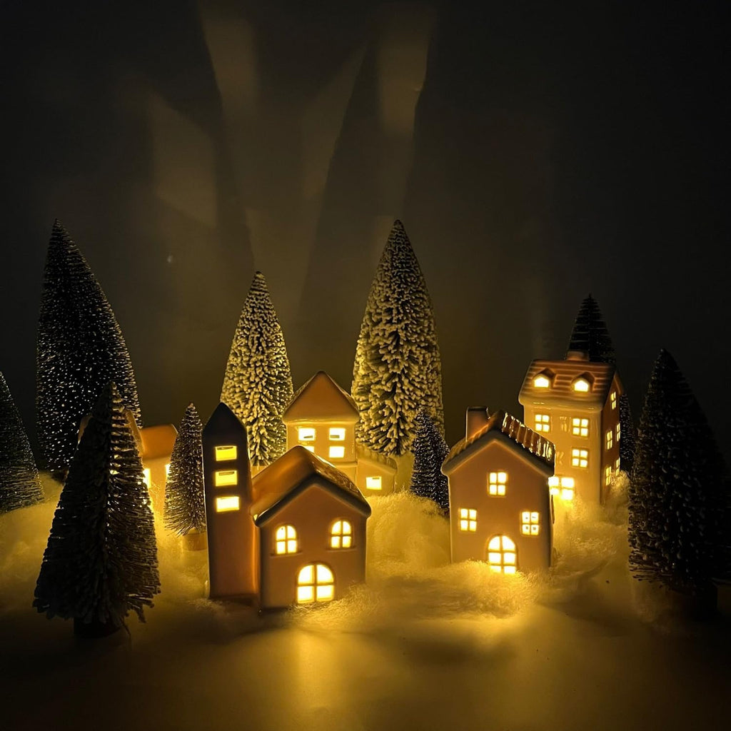 Regine Switzerland Ceramic Christmas Village Houses - 5 White Houses & 9 Trees with Fake Snow | Festive Indoor Decor for Home Table & Fireplace