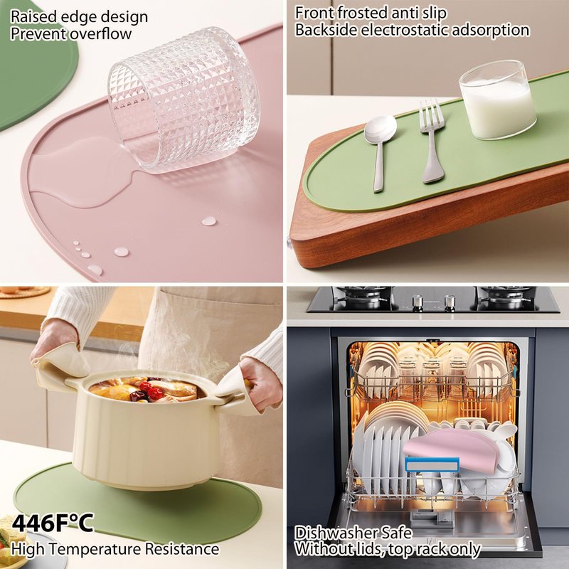 Silicone Placemats, Food Grade Non Slip Waterproof, Dining, Stain Resistant, Countertop Protector Kitchen Counter Mat with High Edge, Heat Resistant, Baking Mat Dishwasher Safe (15.6"x10.4"-2Pack)