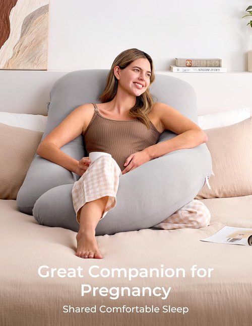 Momcozy U-Shaped Pregnancy Pillow - Full Body Support for Expecting Moms | 57-Inch Grey Jersey Cover