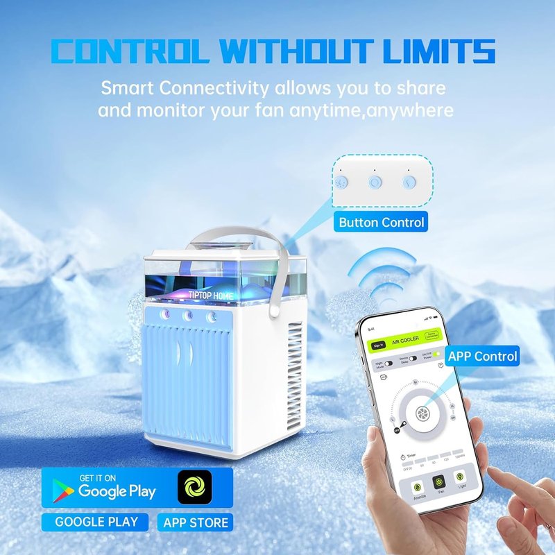Portable Air Conditioners, 4-IN-1 Evaporative Air Cooler with App Control, 800ml Water Tank, Rechargeable Mini Air Conditioner, 3 Speeds & 3 Mist, Colorful Night Light Cooling Fan