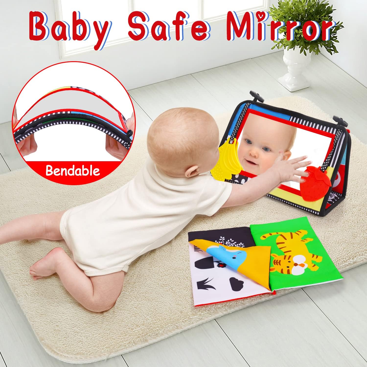 Skiennix Tummy Time Baby Mirror - High Contrast Sensory Toy for Newborns 0-3 Months | Includes Crinkle Cloth Book & Teether