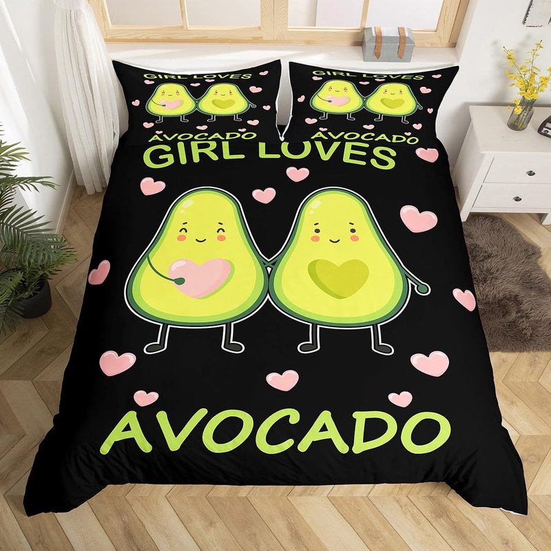 Girls Avocado Bedding Set Kids Cute Cartoon Avocado Duvet Cover for Children Women Bedroom Green Fresh Fruit Decor Comforter Cover Set Avocado Lover Bedspread Cover King Size with 2 Pillow Case