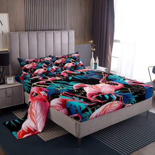Castle Fairy Flamingo Sheet Queen Size Tropical Palm Leaves Bedding Set Golden Black Marble Kids Teens Audlts Wild Birds Animal Fashion Bed Sheet Set 4pcs(Fitted + Flat + 2 Pillowcases)