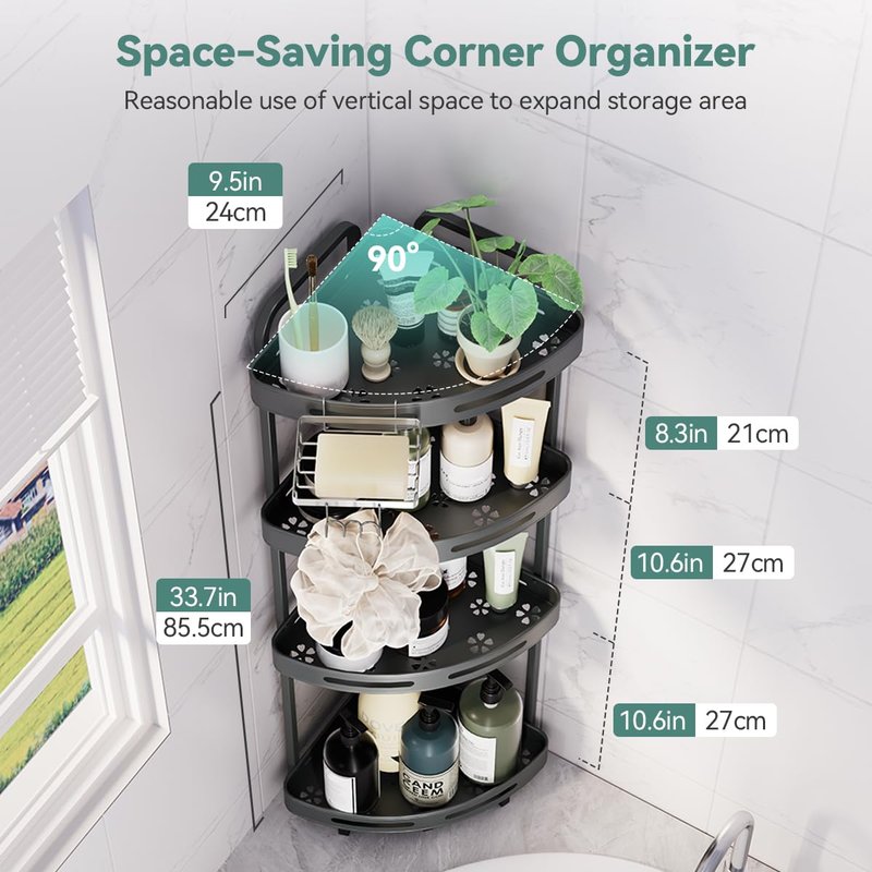 Binecer Corner Shower Caddy Stand, 4 Tier Standing Shower Organizer with Soap Holder, Rustproof Shower Shelves for Bathroom Shampoo Storage, Grey
