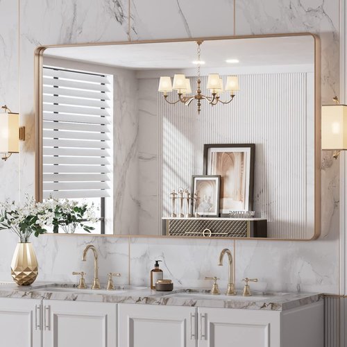 LOAAO Gold Bathroom Mirror - 48”X30” Rounded Rectangle Design | Anti-Rust Tempered Glass, Wall-Mounted