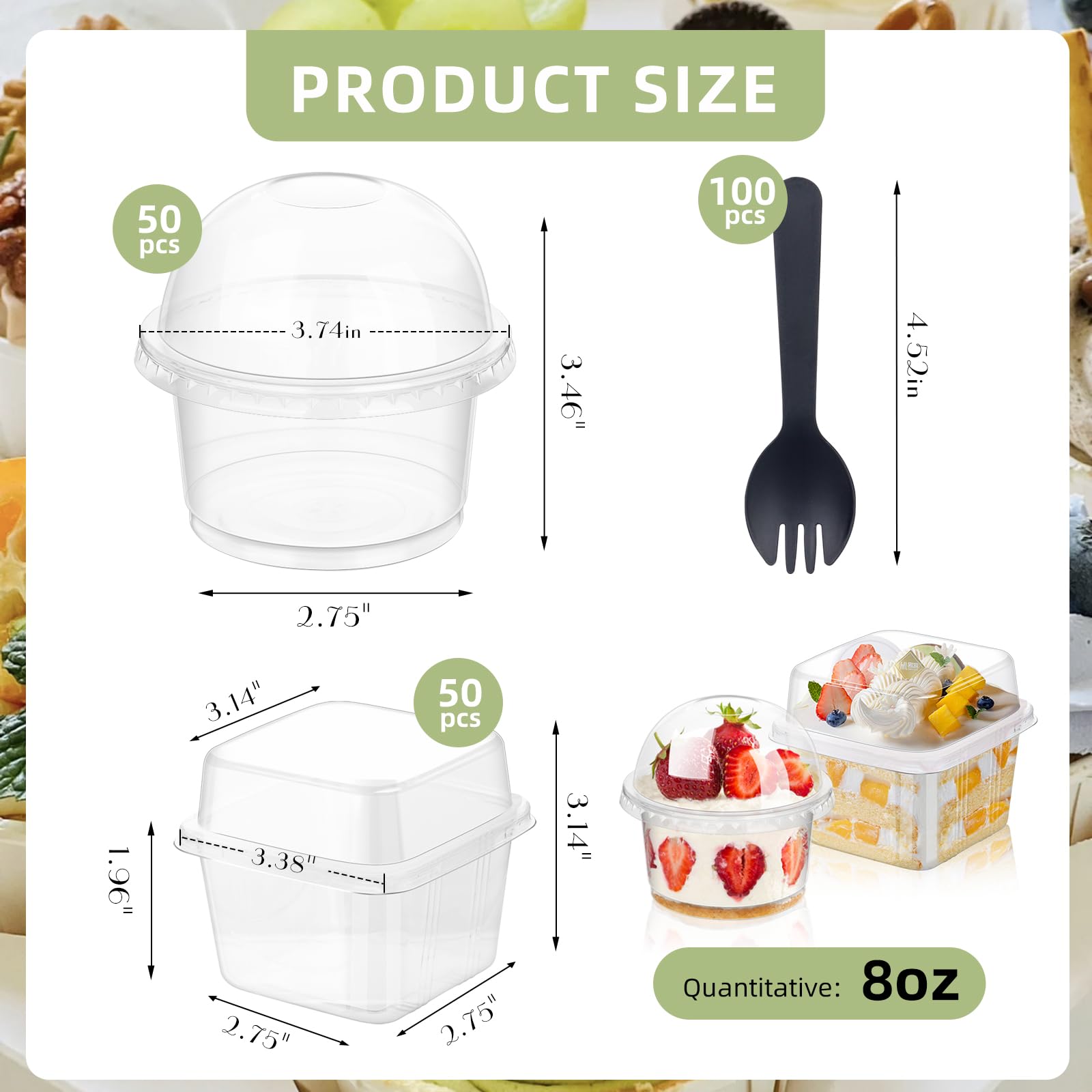 tchrules 100 Plastic Dessert Cups with Lids and Sporks Parfait Cups with Lids Disposable Dessert Cups for Yogurt Pudding Jello Shot and Mousse (8 OZ)