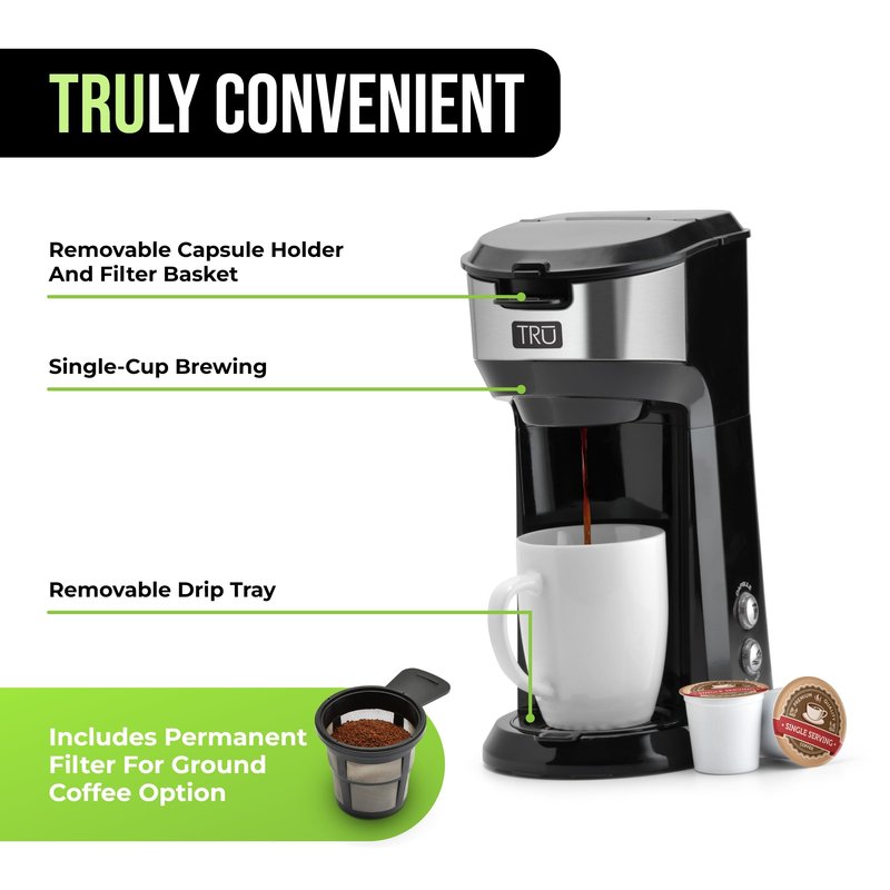Tru Single Serve Dual Brew Coffee Maker - Premium Brewer for Coffee Capsules or Grounds - Features Self-Cleaning Function & Removable Drip Tray - Great Holiday or Birthday Gift