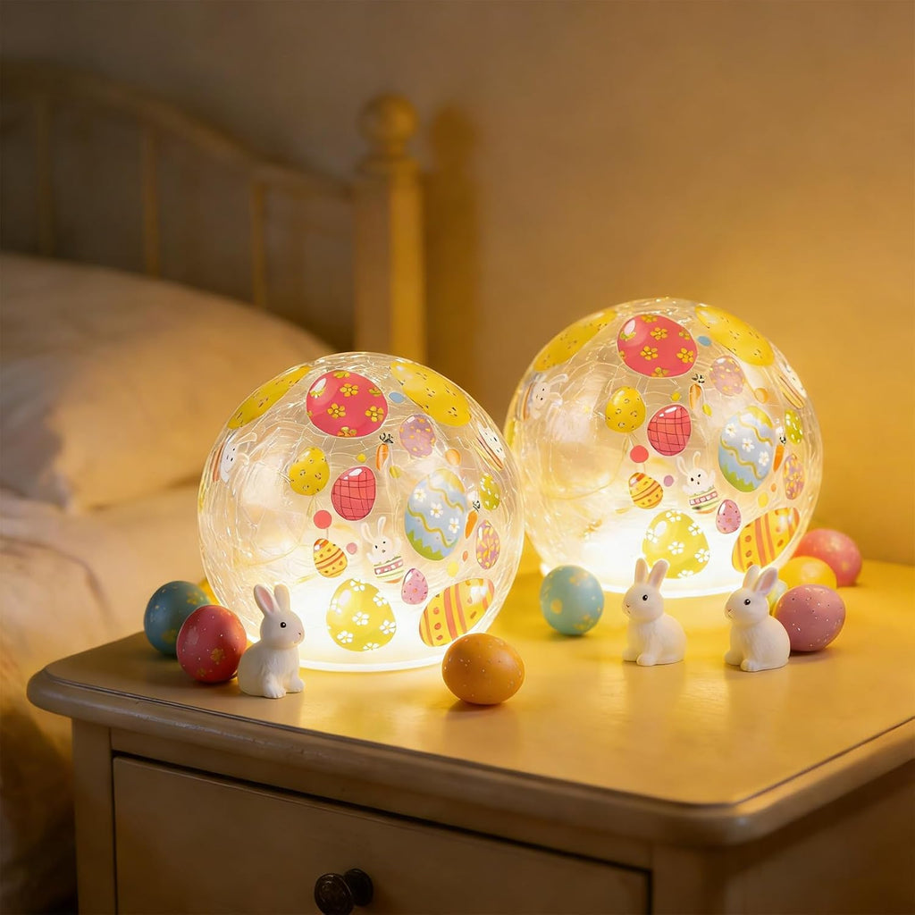 Skiennix Easter Glass Ball Lights - 2PCS LED Bunny Crackle Tabletop Lamps | 3.93'' Decorative Battery Operated Spheres