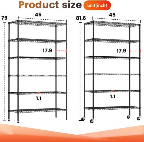 BestOffice 6-Tier Wire Storage Shelves - Heavy-Duty Metal with Wheels | Adjustable, No-Tool Assembly | 18x45x82 | Black, Holds Up to 2100 lbs