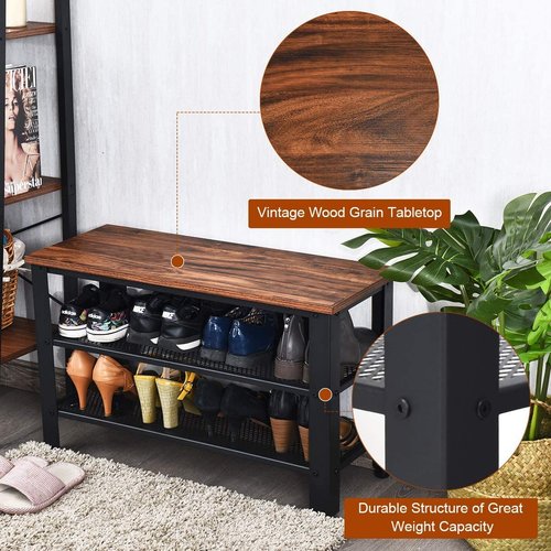FANTASK Vintage Industrial Style Shoe Storage Bench Rack with 2 Mesh Shelves, Rustic Brown