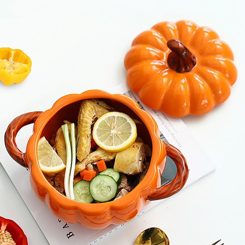 FYUEROPA 2 Pcs Pumpkin Bowl Set with Lid and Handle, 17 Oz Ceramic Ramekins for Baking, Casserole Dish Individual Severing Pot, Stoneware, Oven Safe (Orange)