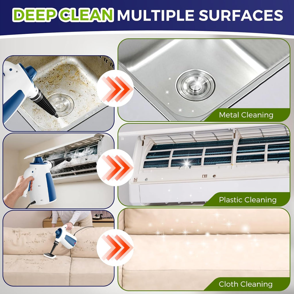 Skiennix Steam Cleaner - Pressurized Handheld Multi-Surface Steamer with 12 Accessories | 350ML Capacity for Home, Car, Upholstery, and Kitchen Cleaning