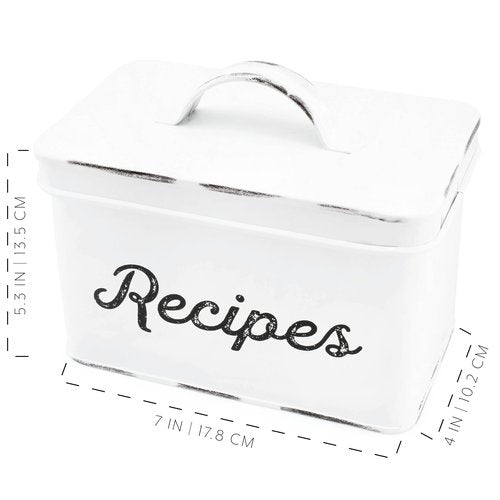 AuldHome Design Rustic White Recipe Box; Enamel Farmhouse Recipe Holder and Organizer for 4 x 6 Inch Recipe Cards