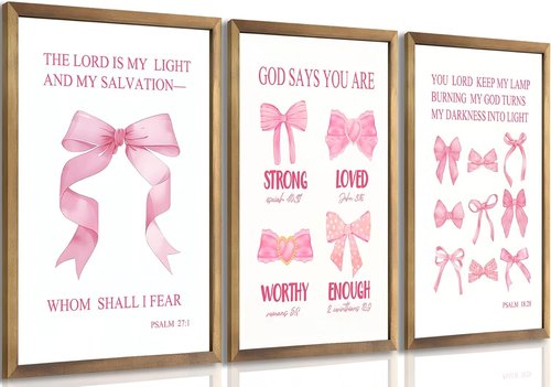 JBZDD Christian Pink Bow Wall Art - Set of 3 Unframed Inspirational Bible Verse Prints | 12x16in for Girls' Room Decor