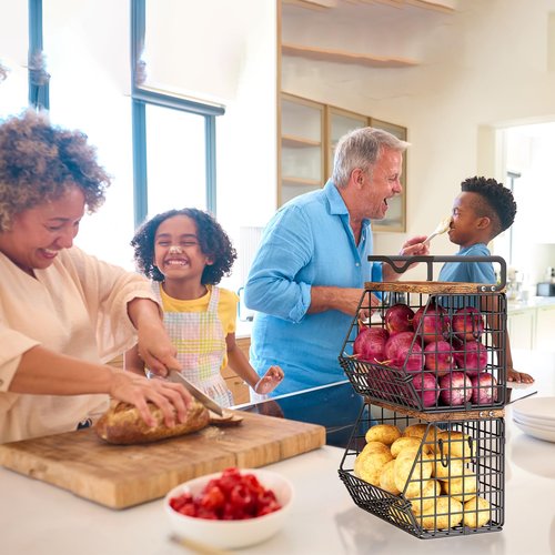 2 Pack Fruit Bowl Hanging Fruit Basket for Kitchen Counter,Stackable Wire Baskets for Onion Storage and Potato Storage with Wood Lid,Vegetable Fruit Basket with Banana Hooks