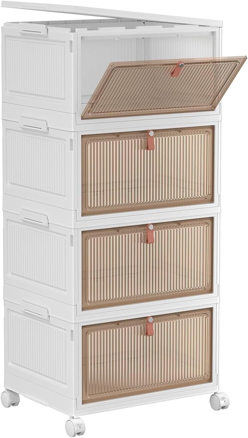 YFXCVSL 4-Tier Plastic Storage Bins with Lid - Stackable 28QT Containers with Wheels & Collapsible Design