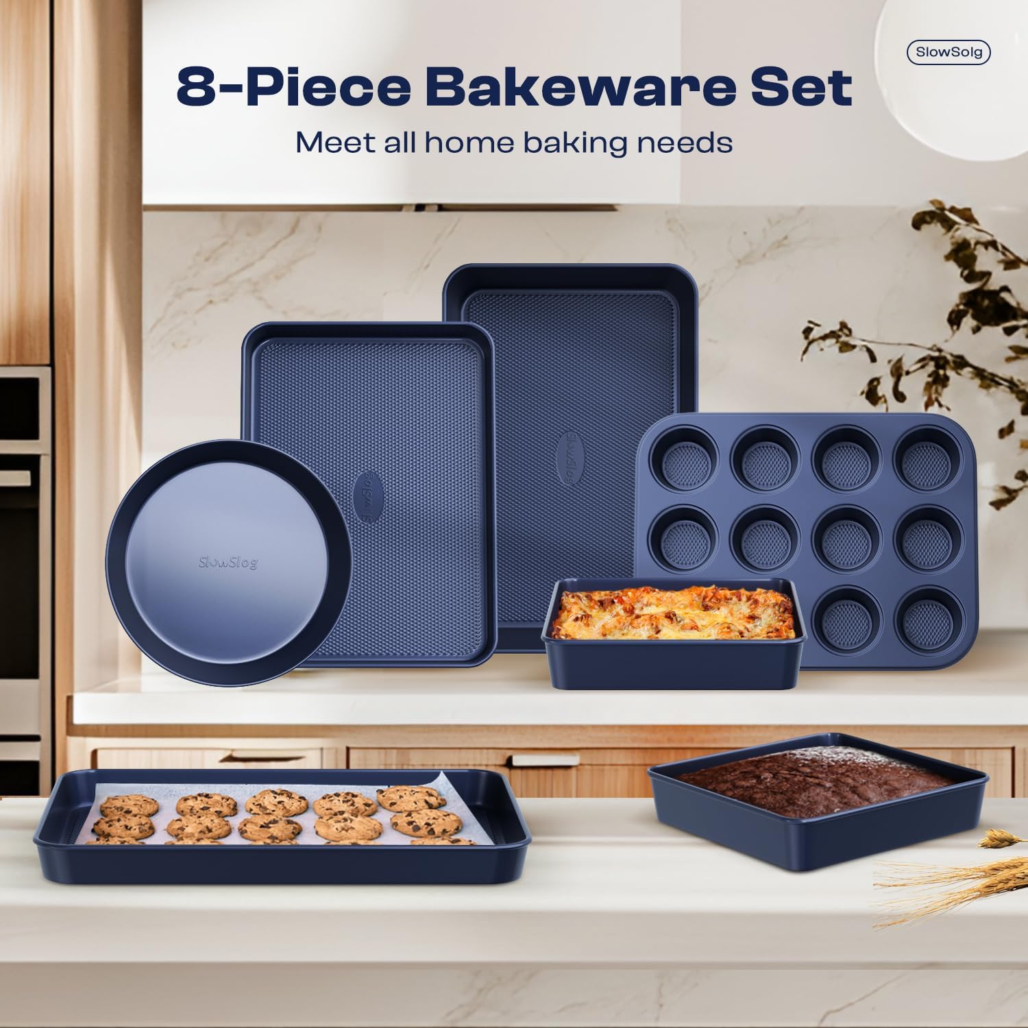 Skiennix 8-Piece Baking Pans Set - Nonstick Bakeware for Oven | Ceramic Coated Blue