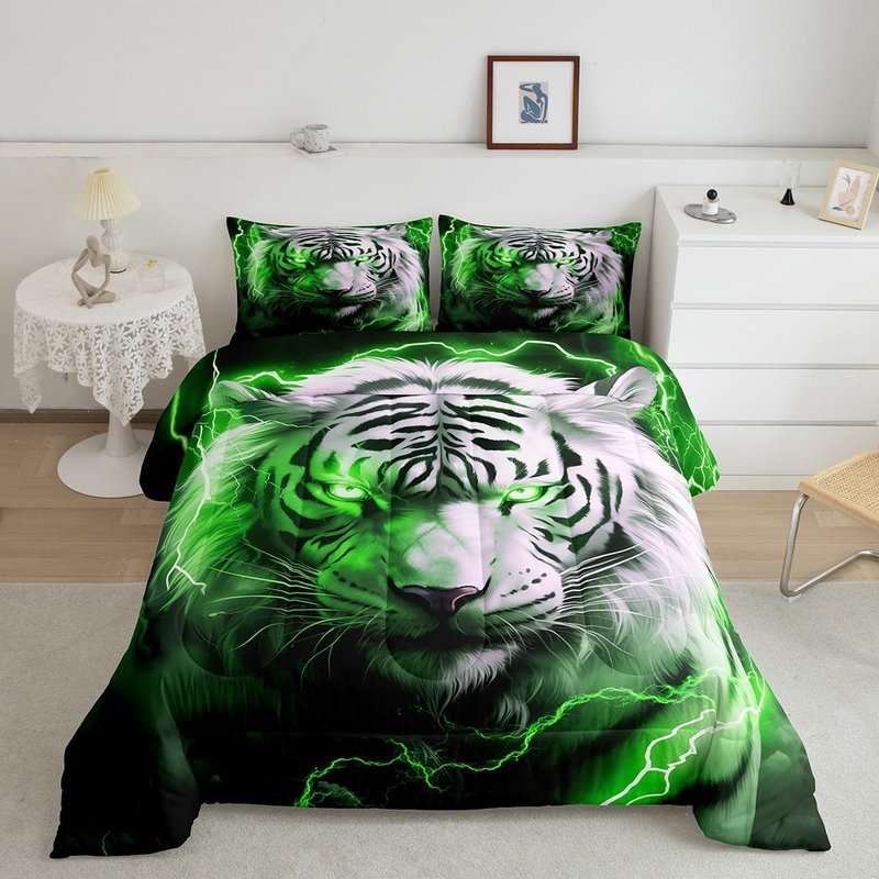 Castle Fairy 3D Tiger Comforter Set Queen Size,Neon Green Lightning Bedding Set White Black Tiger Wild Animals Quilt Set 3Pcs for Kids Boys Teens Adult Room Decor, Duvet Insert,2 Pillowcases