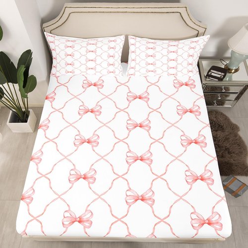 Erosebridal Kawaii Bow Bed Sheets Cute Bowknot Sheet Set Full for Kids Girls Teen Room Decor,Pink Girly Bow Bedding Set Fantasy Princess Bow Tie Bed Sheet Set 4 Piece