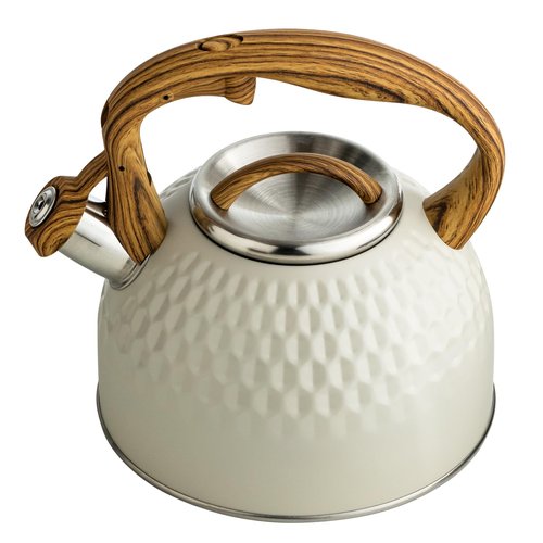 2.5L Stainless Steel Whistling Tea Kettle - Durable & Easy to Clean, Wooden Pattern Handle, Whistling Alert, Ideal for Home & Outdoor Use, Perfect for Tea Brewing, Camping, and More (Beige)