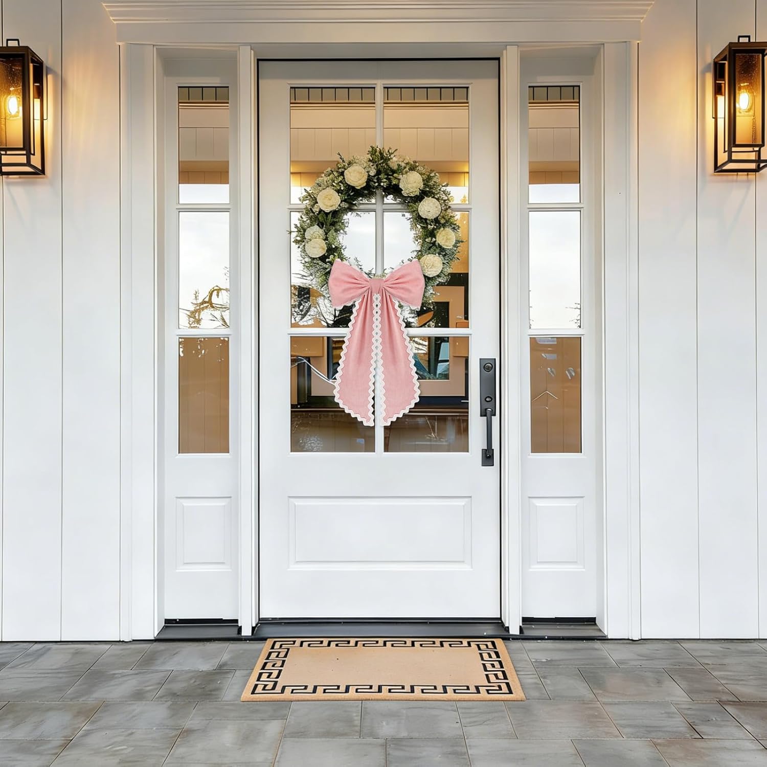 Skiennix Scalloped Wreath Sash - Ruffle Ribbon Bow for Front Door Decor | Pink & White, 2 Pcs