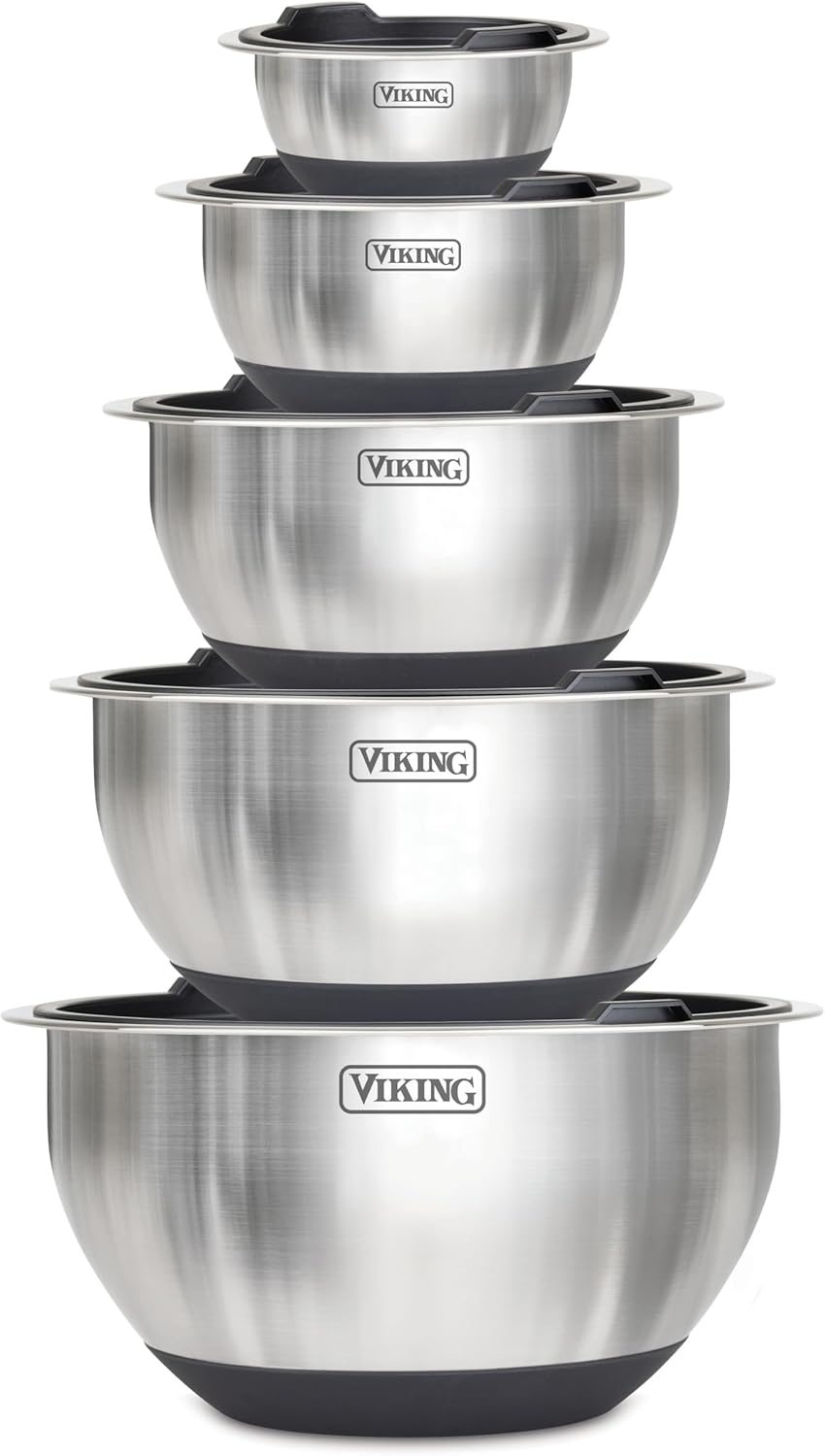 Viking Mixing Bowls Set - 10 Piece Stainless Steel Cookware with Non-Slip Silicone Base & Lids | Black