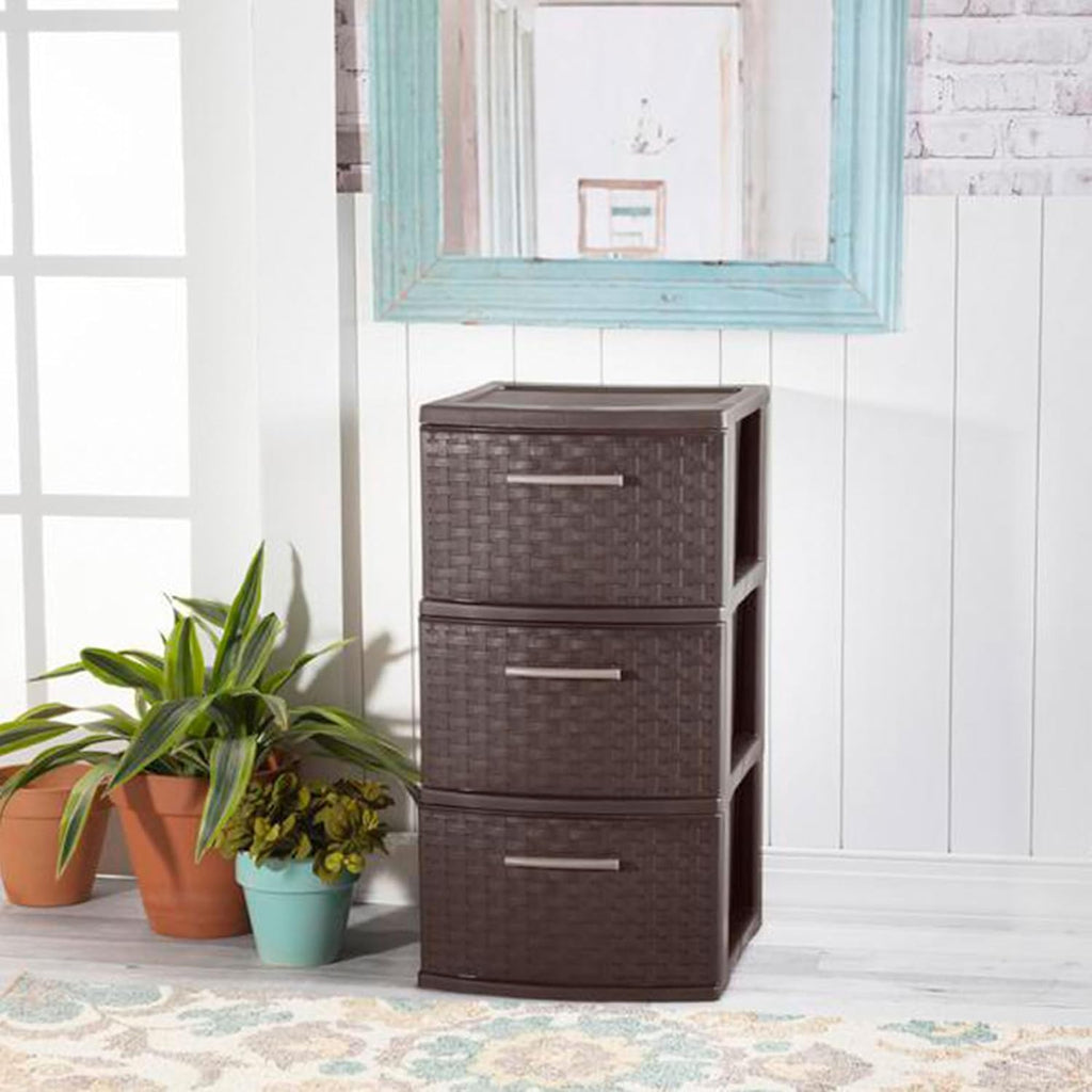 Sterilite 3 Drawer Storage Tower - Decorative Weave Organizer for Dorm, Closet & Craft Room - Espresso Finish