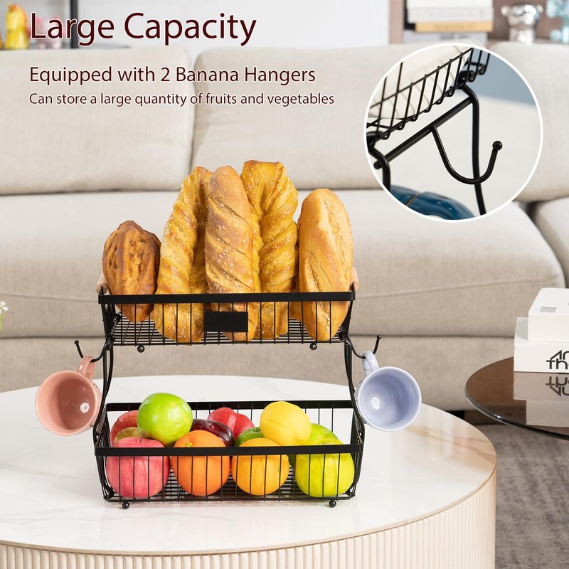 FRUVAN 2 Tier Fruit Basket with 2 Banana Hangers, Fruit Bowl for kitchen counter with Wooden Handle, Detachable Large Capacity Fruit Holder Stand for Vegetable Bread Snack Produce Storage