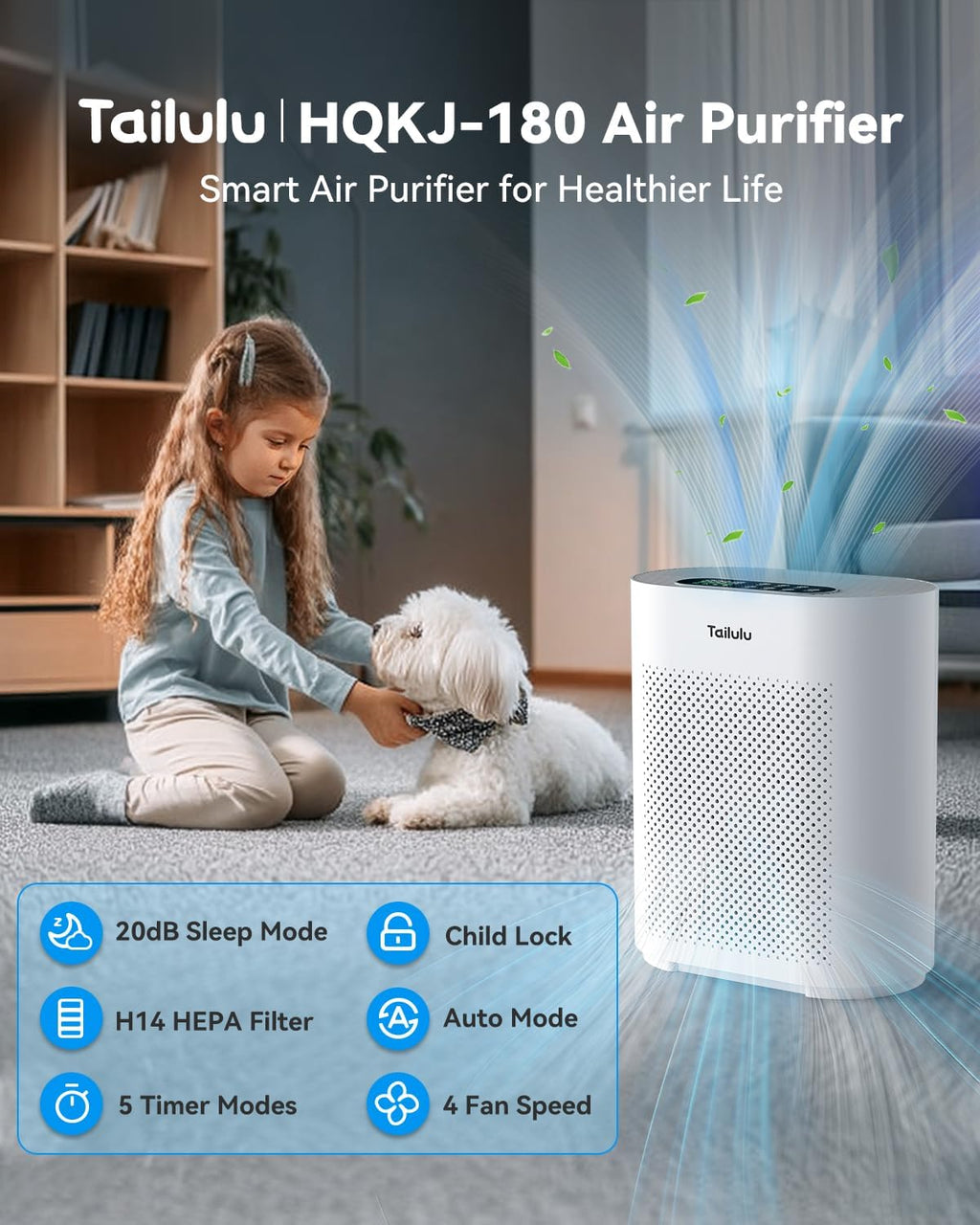 Tailulu HQKJ-180 Air Purifier - Smart Mode, 20dB Sleep Mode, H14 HEPA Filter for Large Rooms Up to 2200ft²