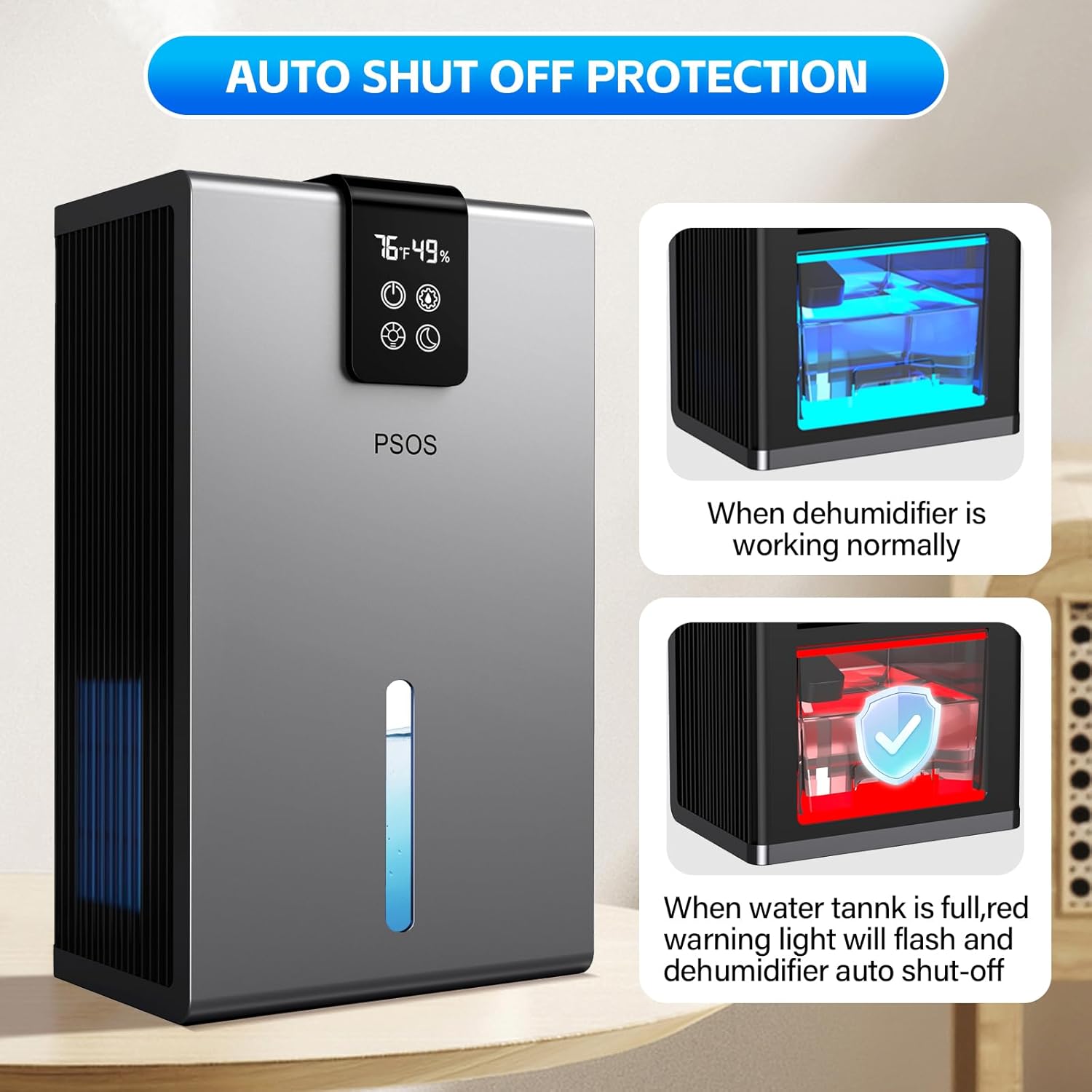 Skiennix Dehumidifier - Quiet 98 OZ Home Dehumidifier for Up to 1000 Sq.Ft | Auto Shut Off & 7 Color Light (Gray)