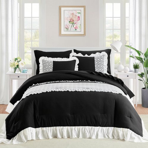Joyreap Lace Ruffle Bed in a Bag Black, Twin Size 6pcs Chiffon Ruffled Comforter Sheet Set, Princess Style Luxury Microfiber Bedding Comforter Set for All Season