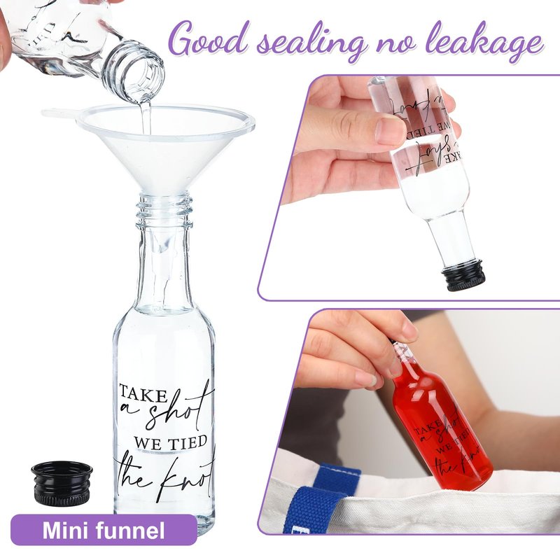 Bokon 200 Pcs Mini Wedding Liquor Bottles Take a Shot We Tied The Knot Shot Glasses for Guests 1.7 Fl Oz/ 50 ml Plastic Reusable Empty Bottle with Cap Funnel Acrylic Mini Glasses for Bridal (Black)