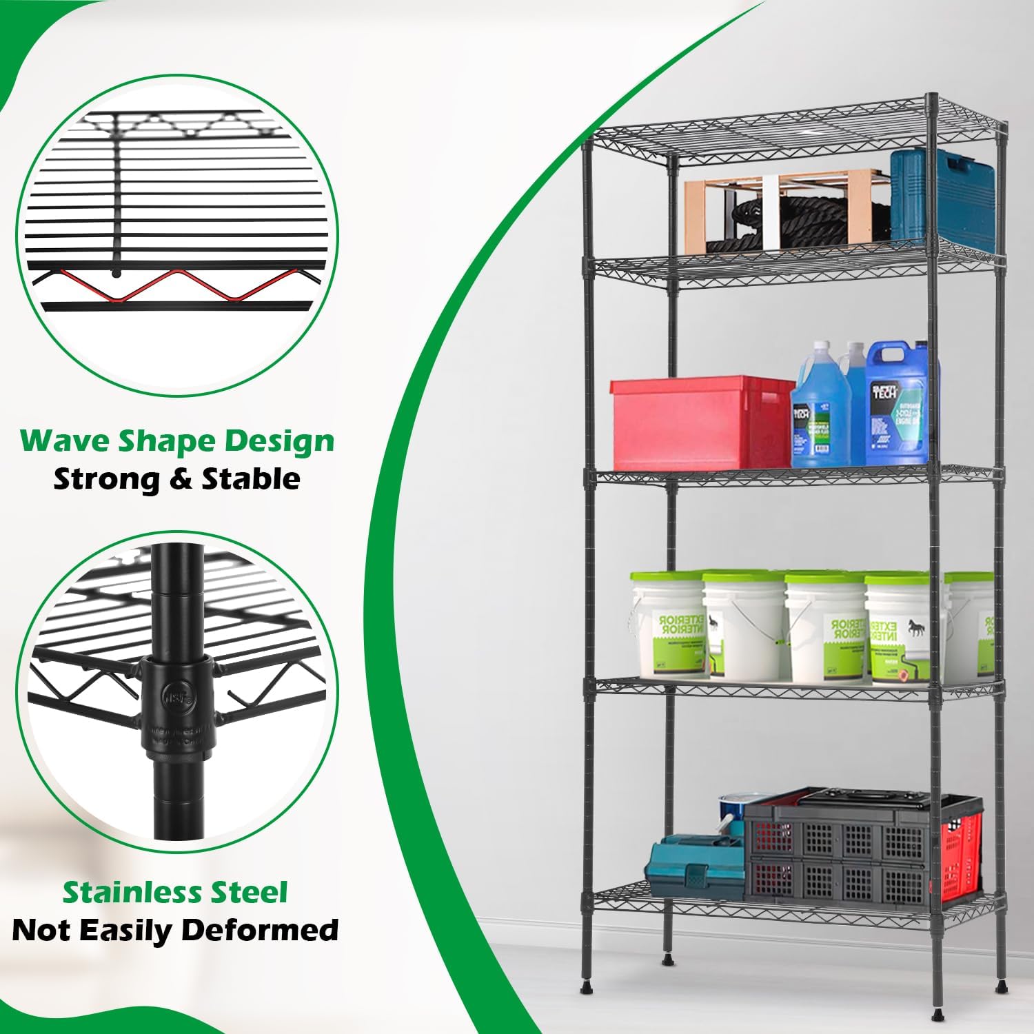 PayLessHere 5-Tier Wire Shelf with Wheels - Adjustable Heavy-Duty Storage Rack | Black | 14"x30"x60" | Rust-Resistant, No-Tool Assembly