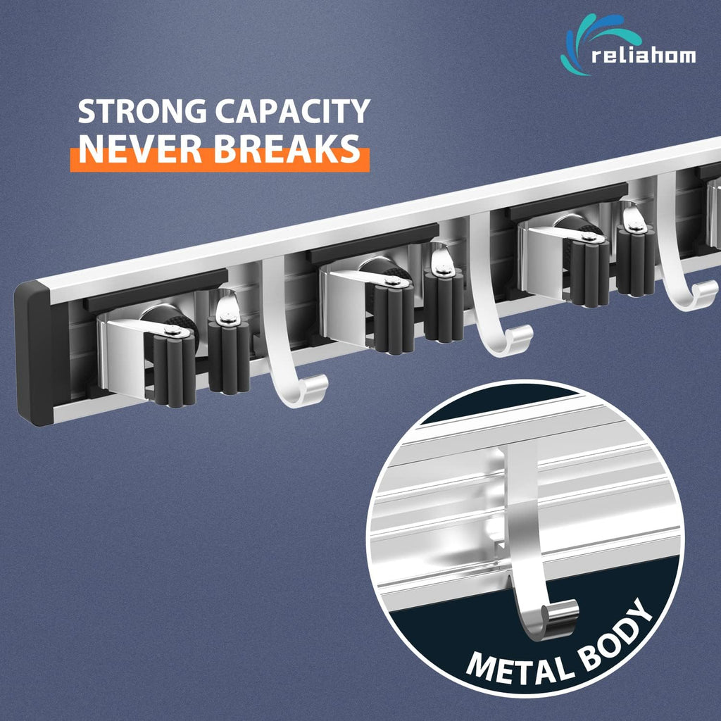 Reliahom Broom Holder Wall Mount - 5 Racks & 4 Hooks for Organized Garage, Kitchen, Garden, Laundry Room