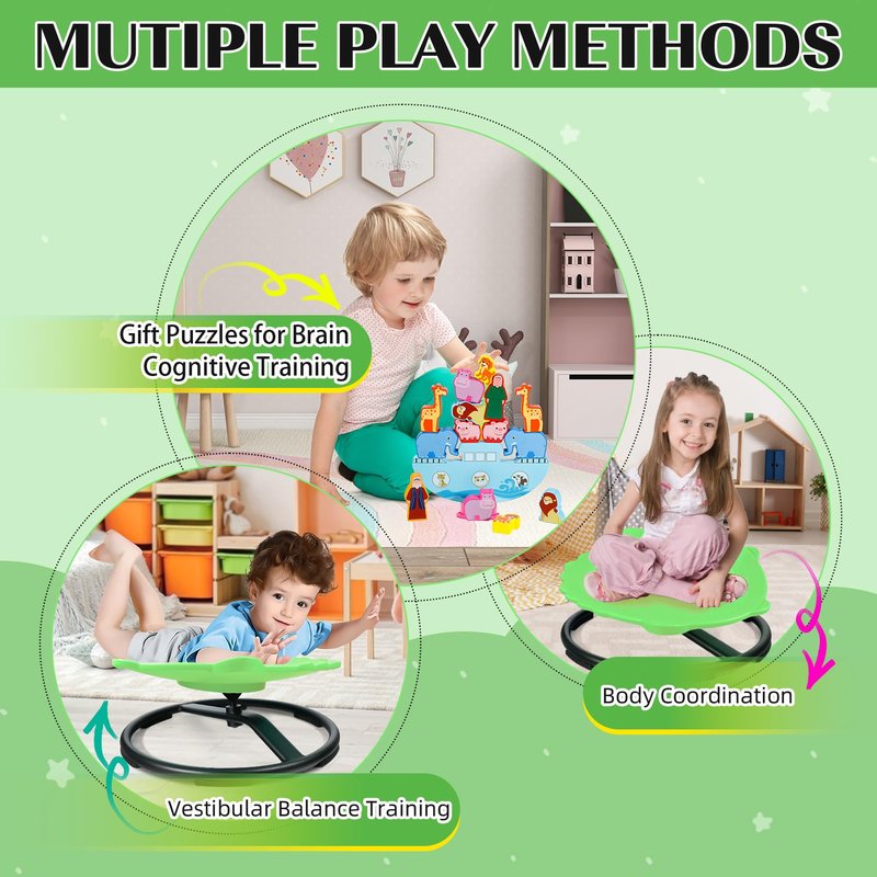 FOKOL 2025 New Upgraded Kids Sensory Swivel Chair, Autism Spinning Chair for Body Coordination Training, Autism Sensory Chairs for Autistic and ADHD Kids, Spin Seat, Non-Slip Metal Base (Green)