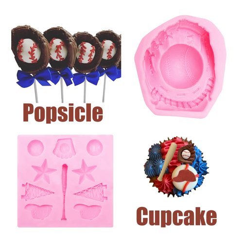 Baseball Chocolate Silicone Molds 3 Pcs, Softball Glove Fondant Mold for Cake Decoration Cupcake Topper, Popsicle, Sports Themed Birthday Party, Polymer Clay Crafts