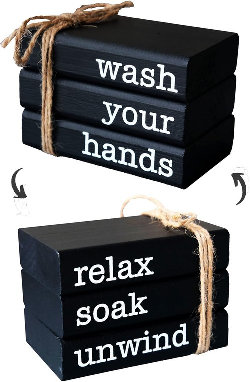 LIVDUCOT Mini Book Stack - Farmhouse Bathroom Decor | Reversible Wooden Accent for Guest Restroom