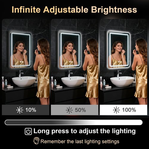 LED Bathroom Mirror, 16 x 24 Inch Anti-Fog Bathroom Mirror with Lights, Stepless Dimmable Lighted Bathroom Mirrors for Wall, Rectangle Bathroom Vanity Mirror with Front and Backlight, Vertically Only