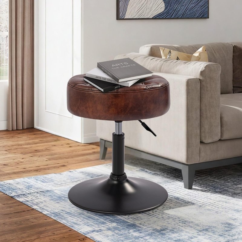 Furnibetter Velvet Tufted Makeup Chair, 360° Swivel Adjustable Vanity Chair Ottoman Stool Vanity Stool for Bedroom Modern Accent Chairs Big Size Stools for Living Room Bathroom, PU, Darkbrown