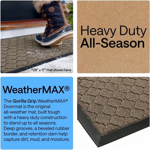 GORILLA GRIP Waterproof All-Season WeatherMAX Doormat - 60x24 Natural Rubber, Stain & Fade Resistant, Easy Clean, Latte Quatrefoil